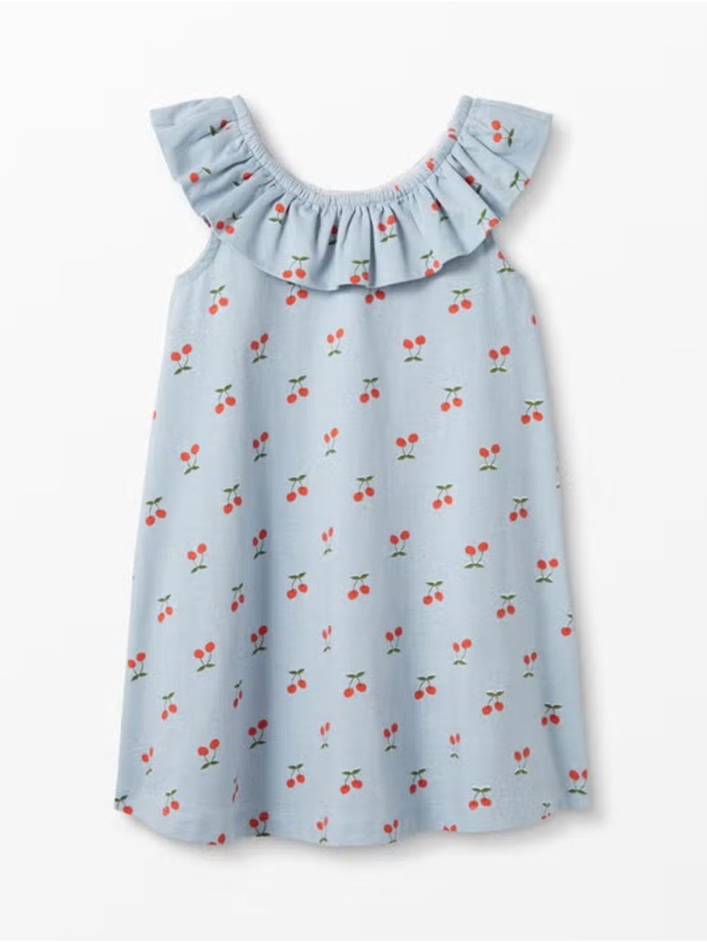 Girls Blue Cherry Print Ruffle Neck Dress, 6-7 years